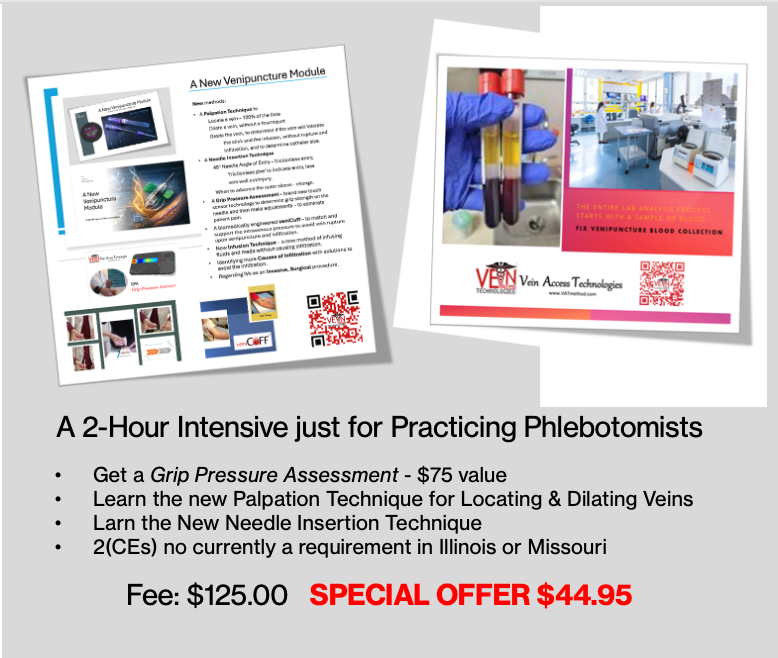 Phlebotomy interview flyer with blood draw images, a headshot, and bullet-point interview tips on a white page