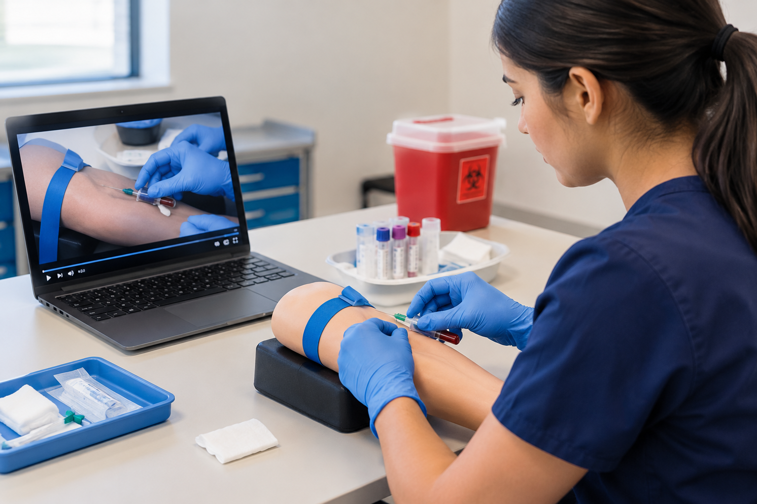 Nurse in blue scrubs drawing blood from a patient’s arm at a clinic workstation with laptop guidance
