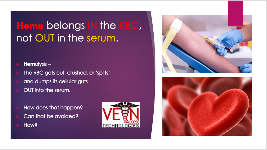 Educational slide about hemolysis in blood samples, with red text and blood test images on the right.