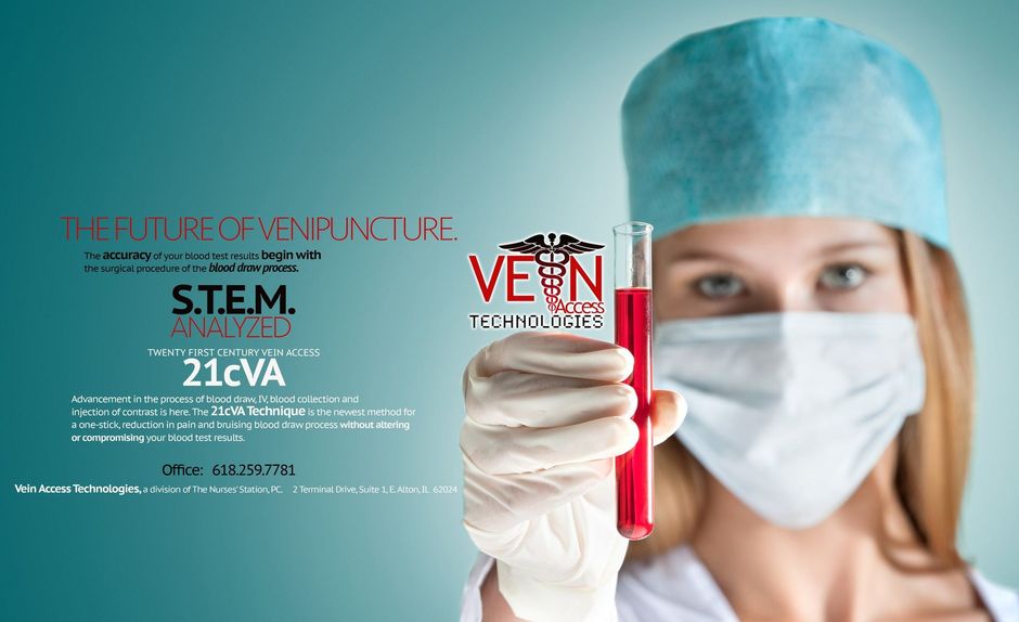 Nurse in blue cap and mask holding a red test tube beside STEM and VEM event text