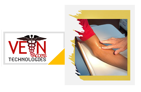 VEEN Technologies logo beside a therapist massaging a person’s leg on a treatment table