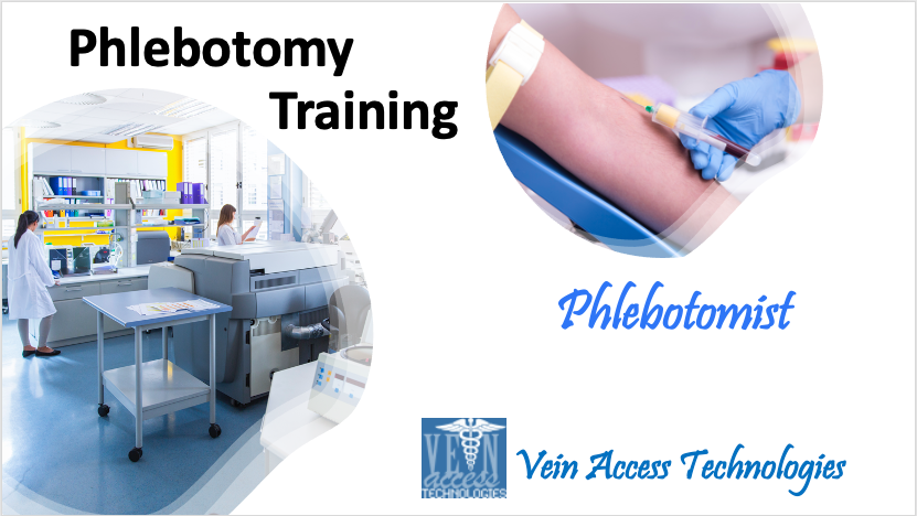 Phlebotomy training collage showing lab equipment, blood draw, and “Phlebotomist” text