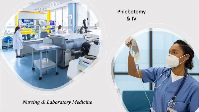 Nursing lab with medical equipment; nurse in scrubs and mask prepares IV under “Phlebotomy & IV” text