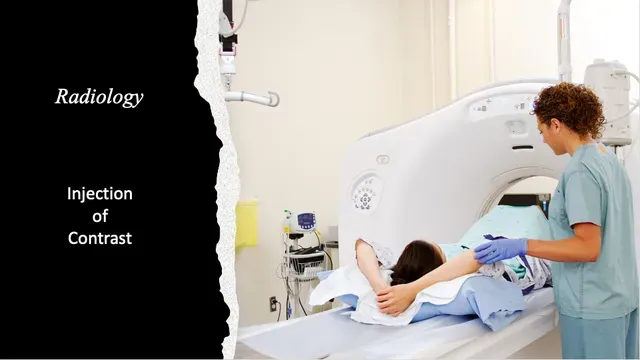 Radiology scan with contrast injection; patient on CT table while technician operates the machine