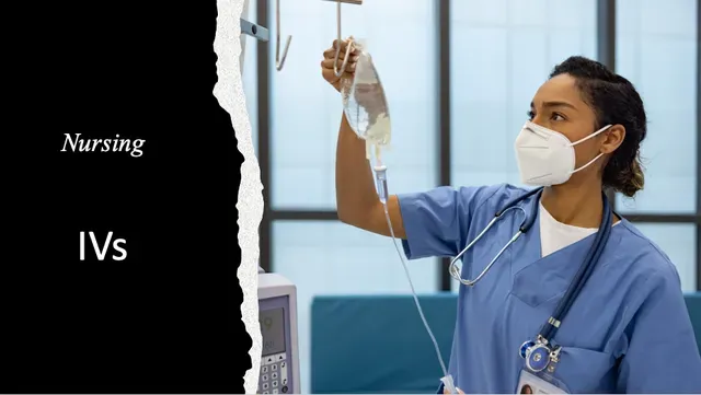 Nurse in blue scrubs and mask adjusting an IV in a hospital room