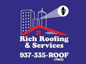 Rich Roofing & Services logo with purple background, red roof icon, and phone number 937-335-ROOF.