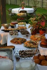 Outdoor buffet table with assorted dishes, desserts, and potted flowers in a backyard setting