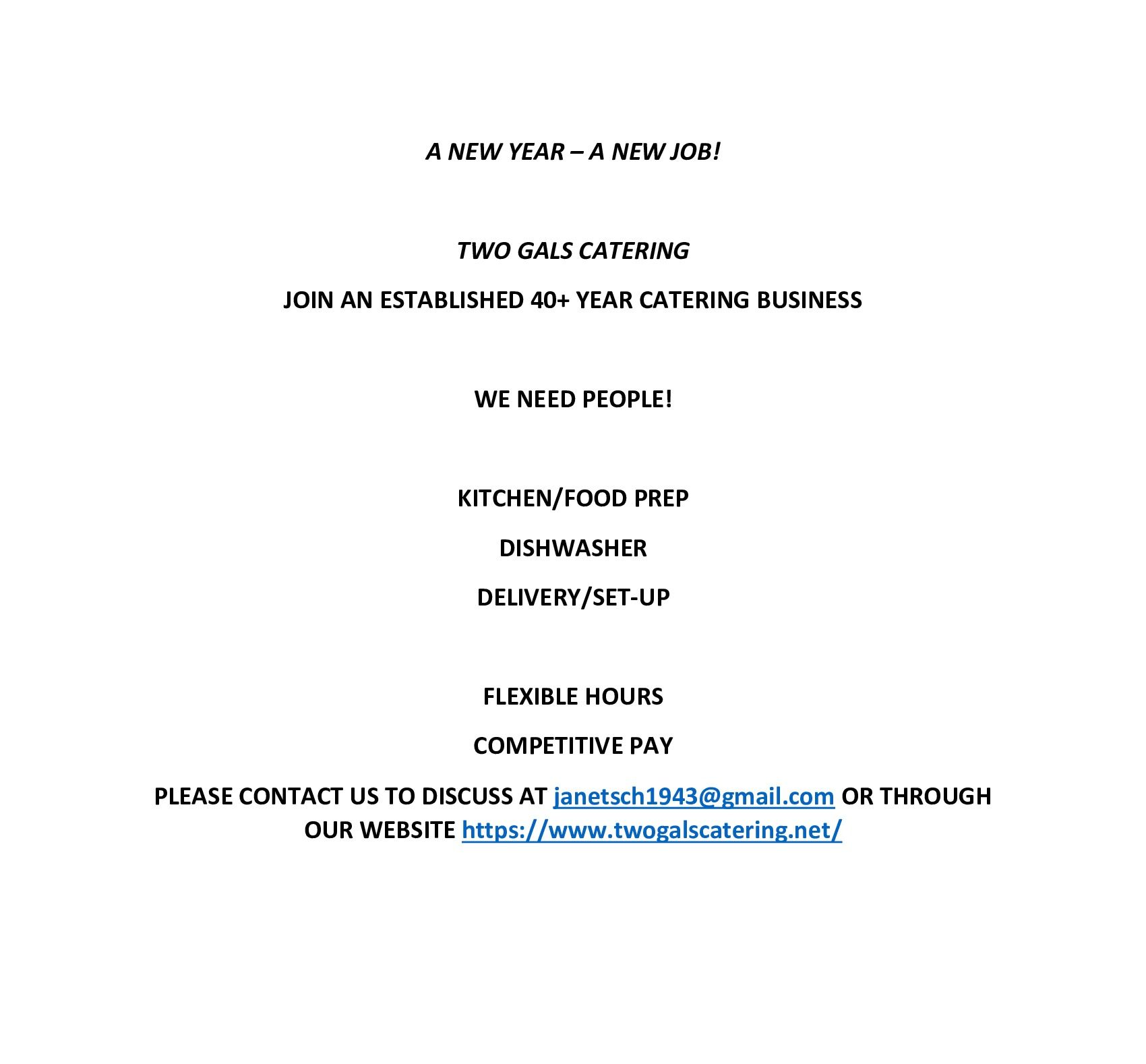 Catering job notice for a new vegan cafe seeking kitchen, dishwasher, and delivery staff.