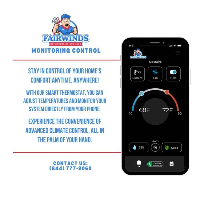 A smart thermostat and phone app, both displaying temperature controls. The logo for