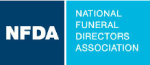 Logo of NFDA: National Funeral Directors Association. Text in white on blue and cyan backgrounds.