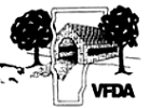 Covered bridge flanked by trees, within a stylized frame, VFDA logo.