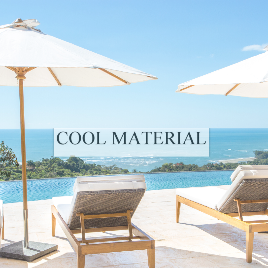 Two lounge chairs under umbrellas overlook a pool and ocean; text reads 