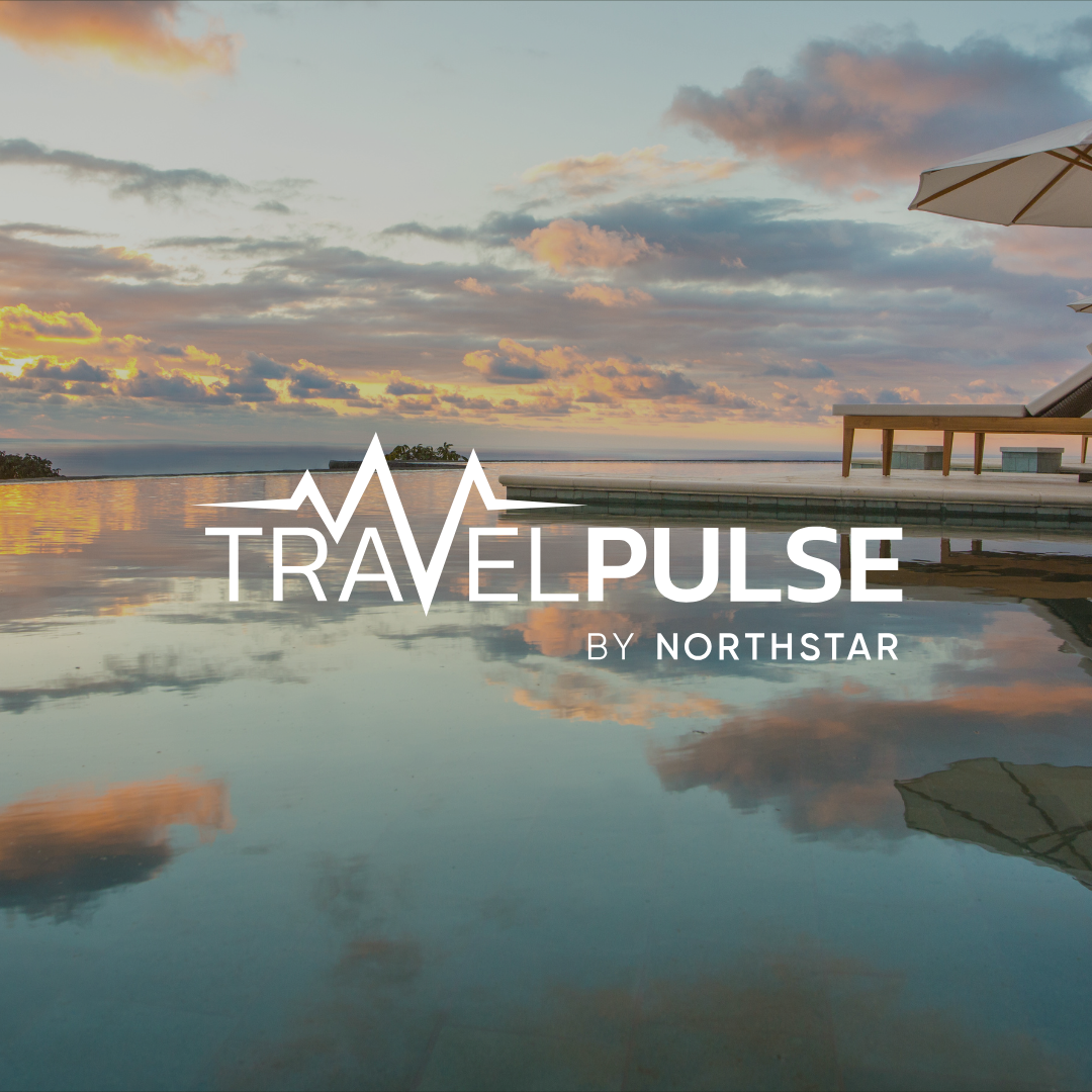 Logo for TravelPulse by Northstar over a tranquil pool overlooking a sunset.