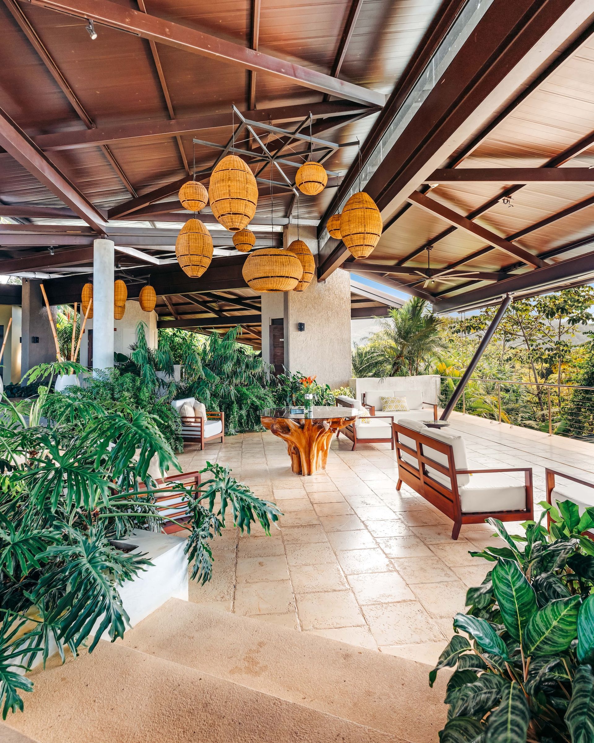 A living room with a couch , table , chairs and plants.