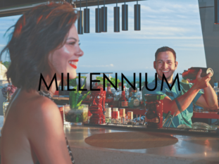 A man and a woman are sitting at a bar with the word millennium in the corner