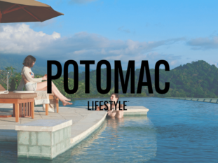 A woman sits on a chair next to a swimming pool with the words potomac lifestyle below her