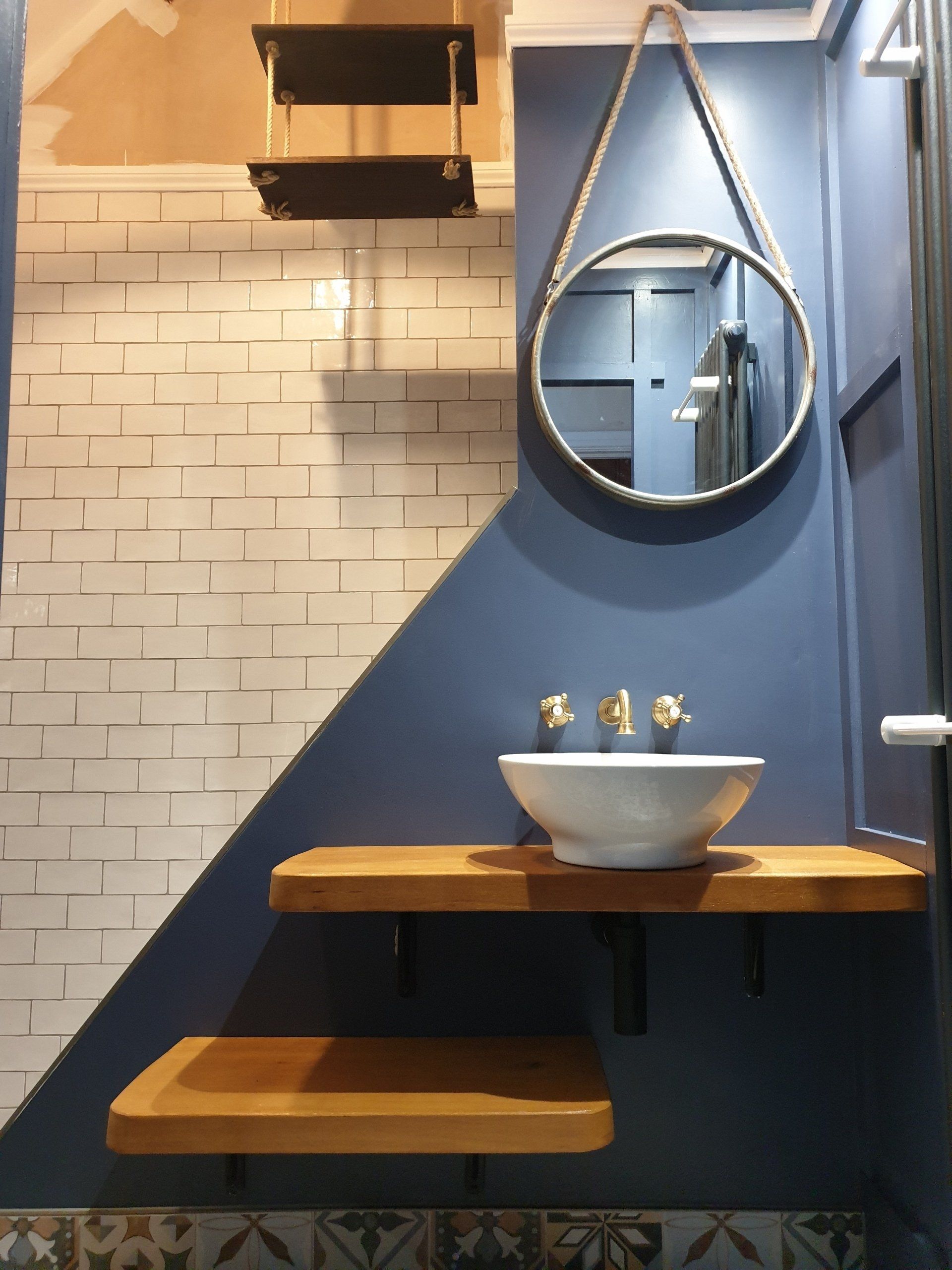 Blue and white modern tiled bathroom