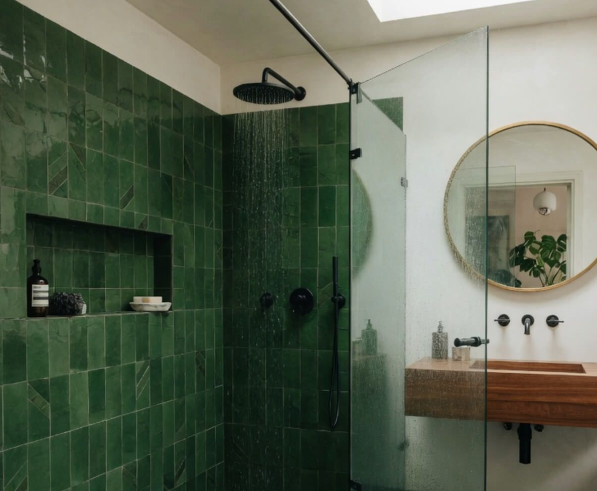 Modern green tiled rainfall shower
