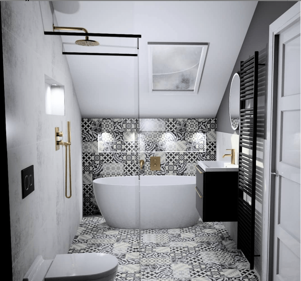 Compact monochrome bathroom with patterned floor tiles and glass shower.