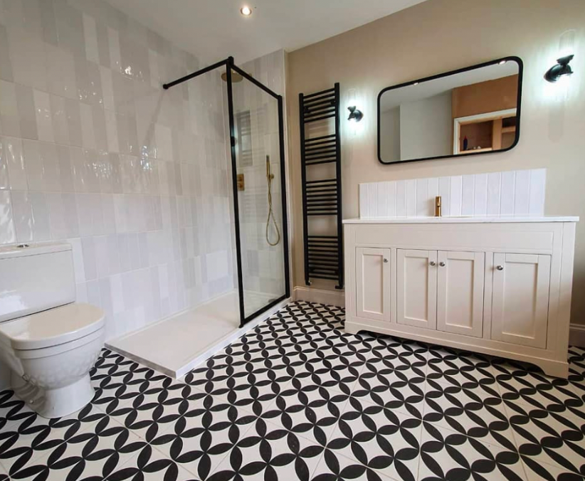 Modern white beige and black bathroom