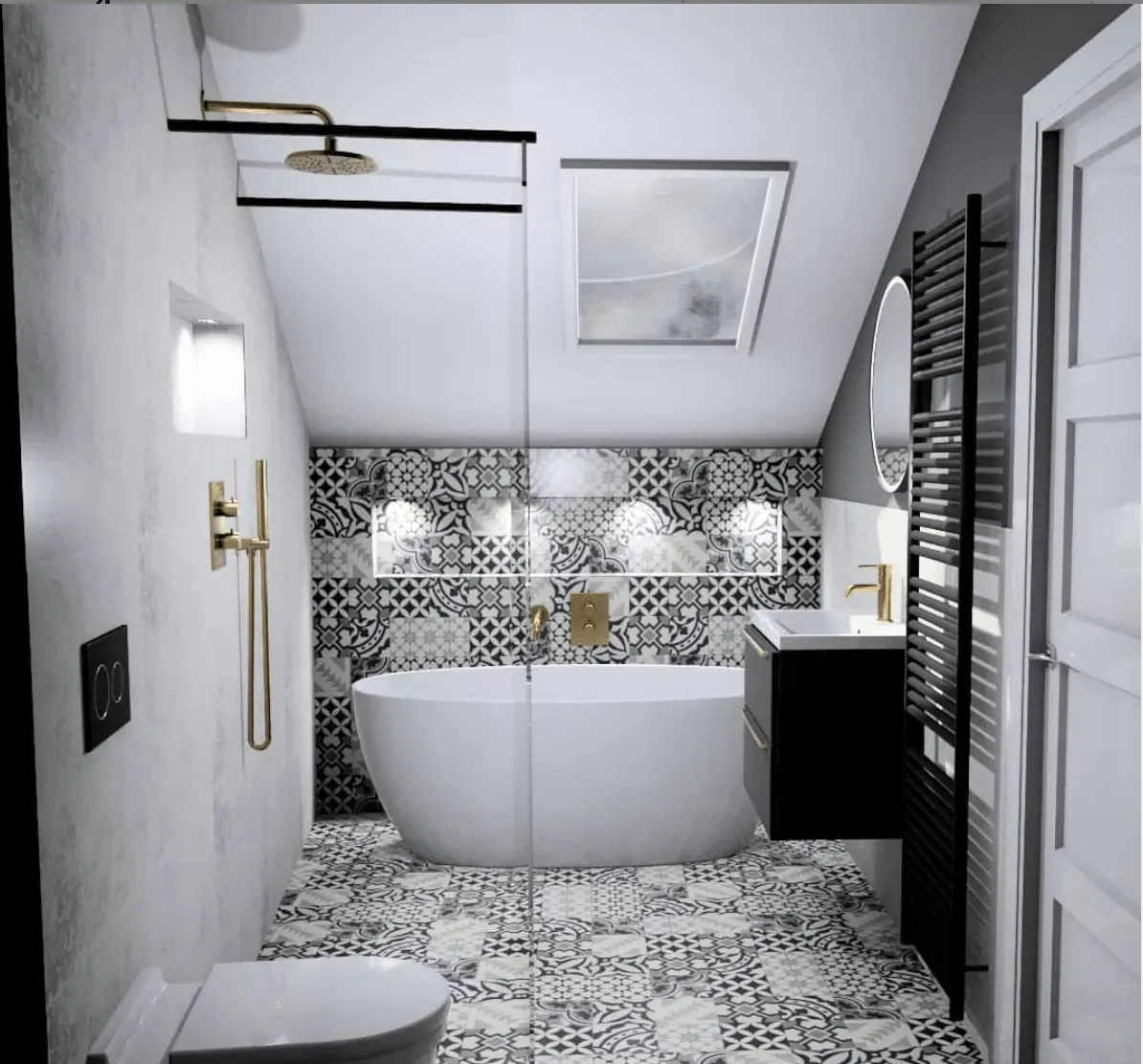 Modern monochrome bathroom with freestanding bath, walk-in shower and patterned tiles.
