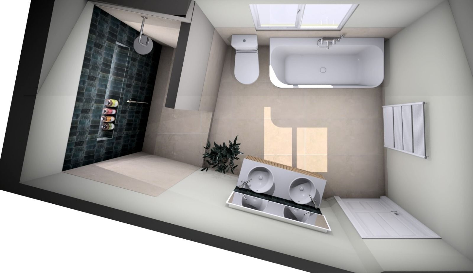 Overhead view of a freestanding bath with tray and toiletries.