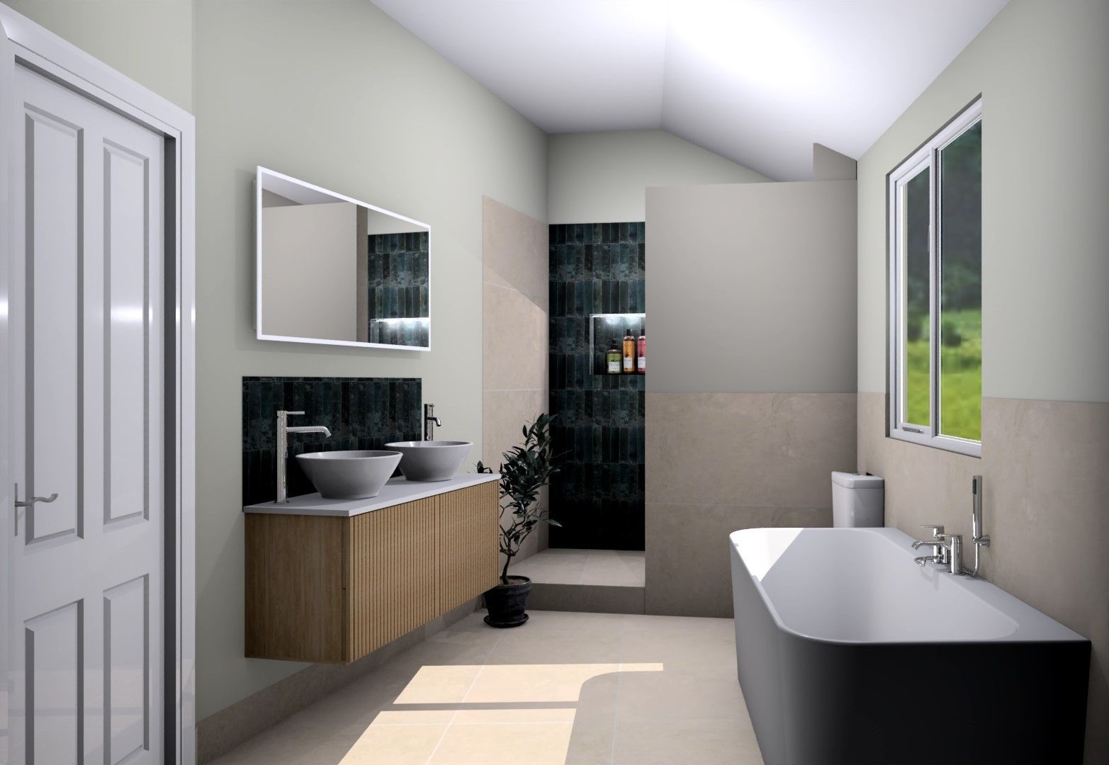 Contemporary bathroom with wooden vanity, bath and dark tiled shower.