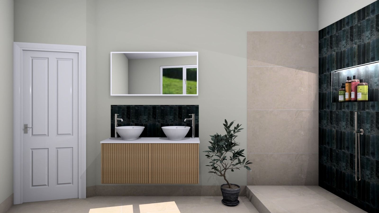Modern bathroom vanity with mirror, storage unit and potted plant.