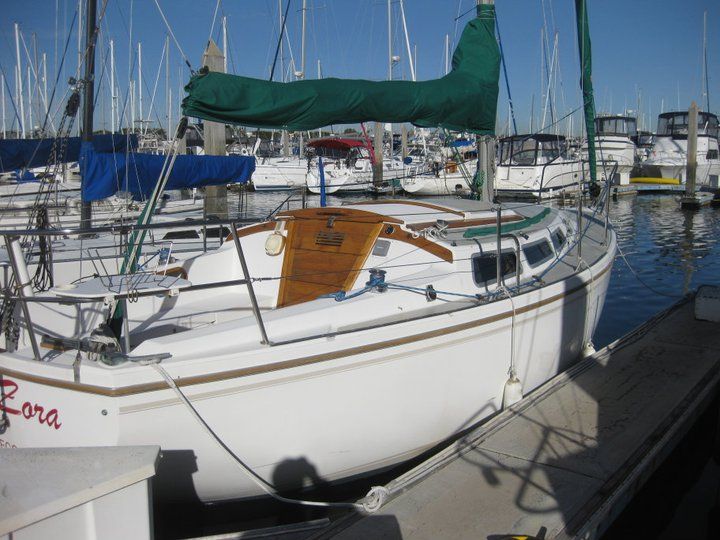A sailboat is docked at a marina and has the number 514 on the side