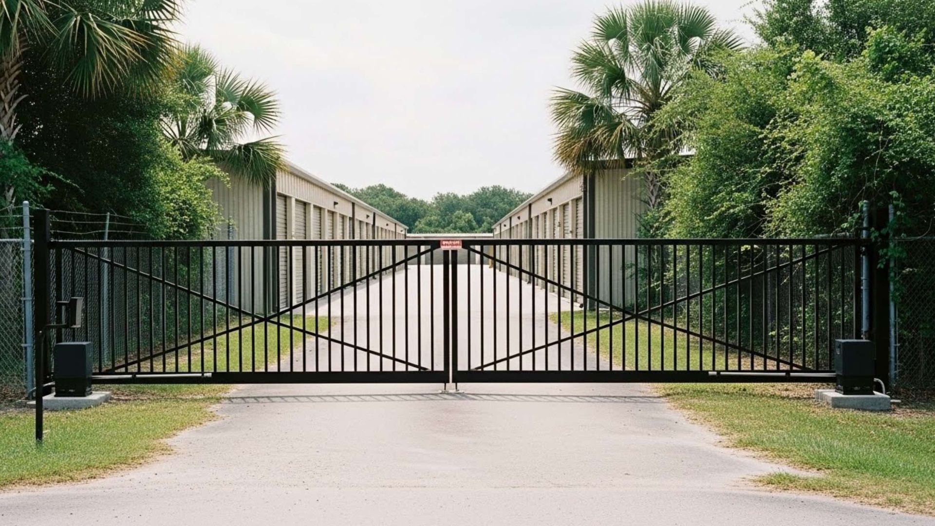 Black security gate at storage facility entrance. Buildings line the road. Green trees in background.