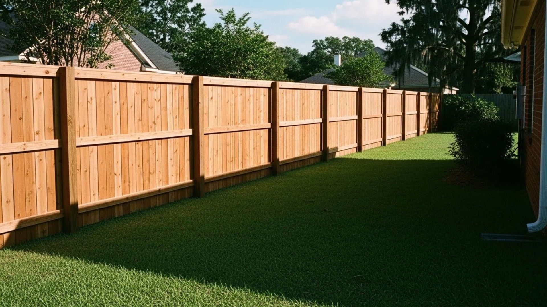 A long, natural-toned wooden privacy fence runs along a green backyard lawn, extending towards the back of a house.