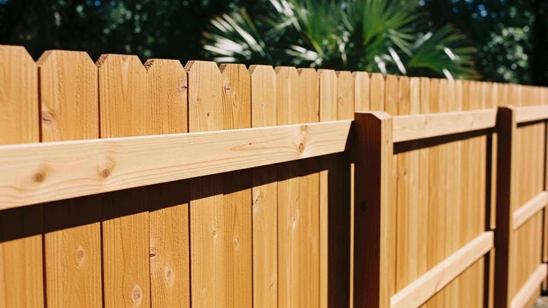 Wooden fence with pointed top, in front of greenery, casting a shadow.