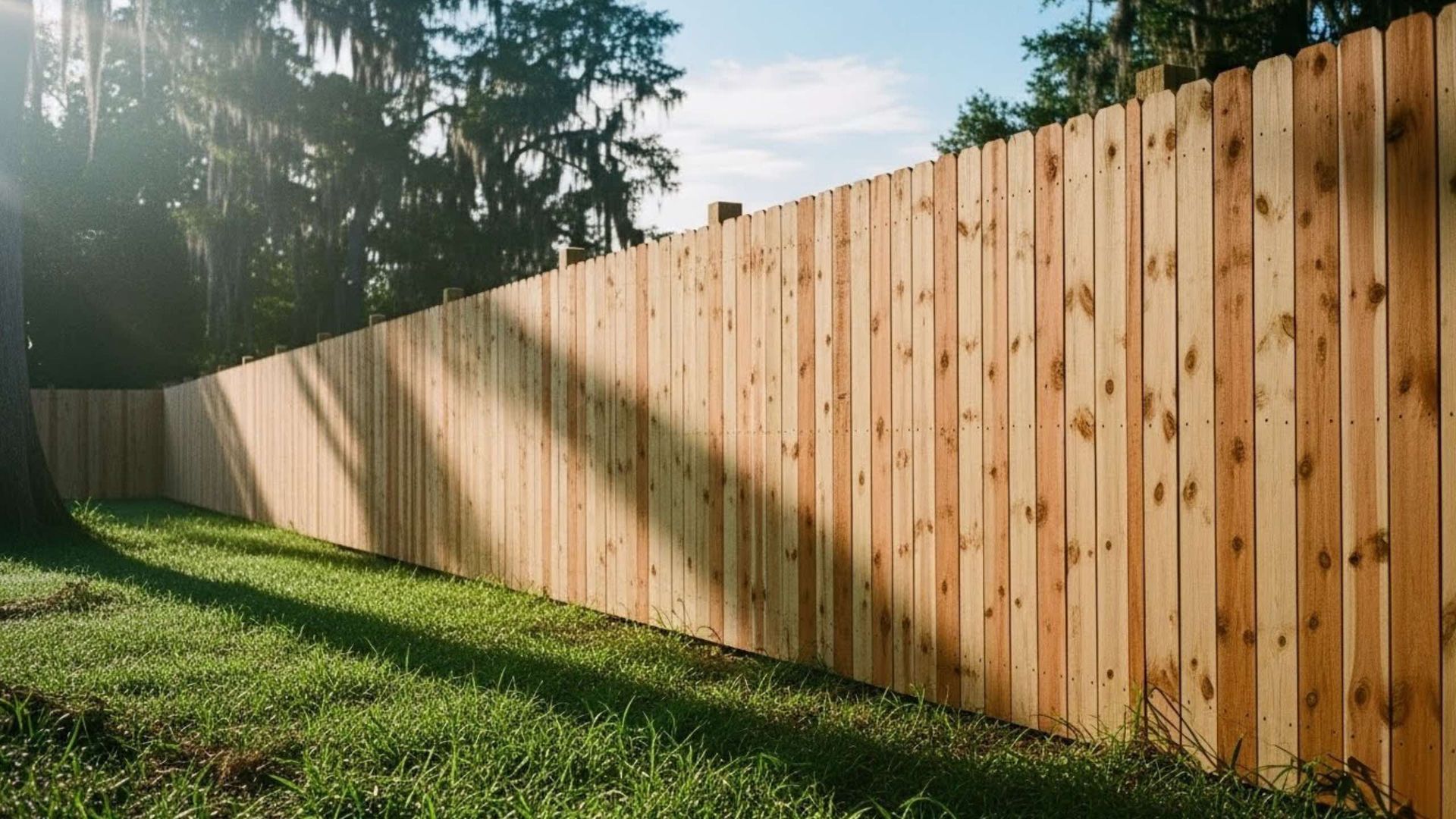 Wooden fence on green grass, with sunlight and trees in the background.