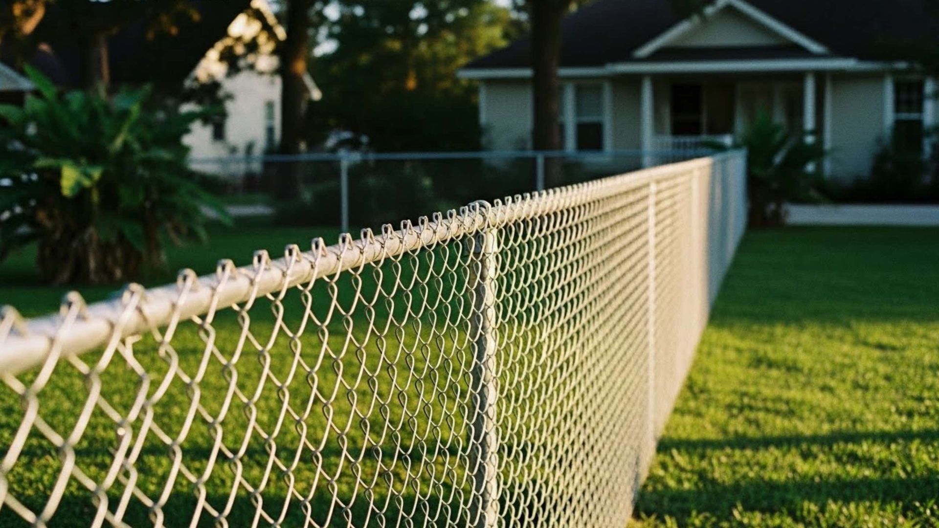 Chain-link fence in front of a house, green grass, sunny day.
