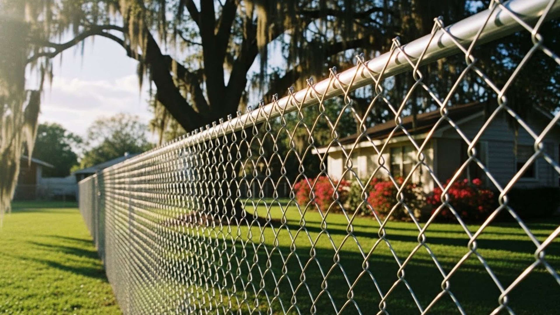 A chain-link fence stretches across a bright green lawn toward a small house and large oak tree under a clear sky.