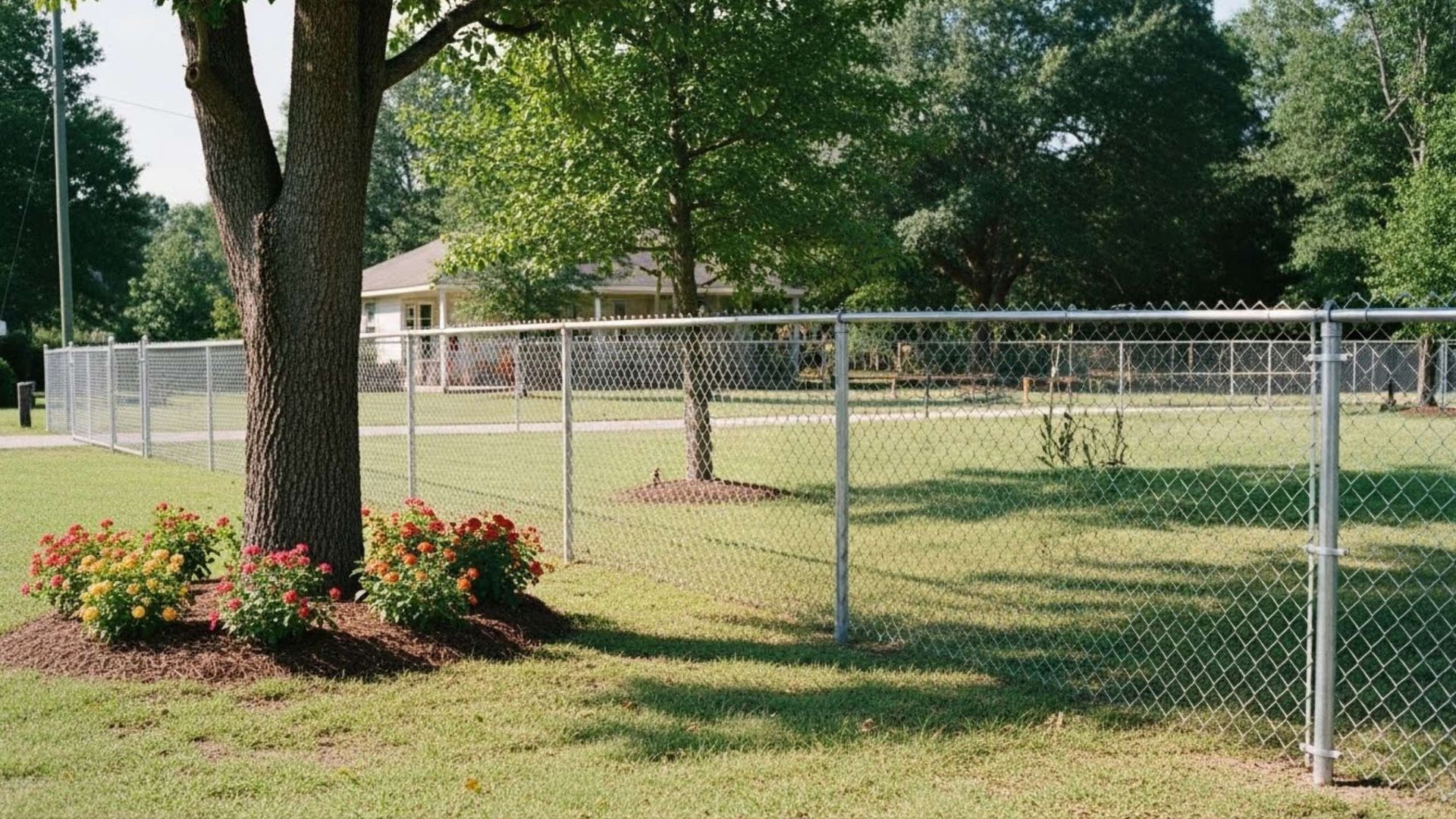 Chain-link fence surrounds a grassy yard with trees and a house in the background. Red flowers grow near a tree.