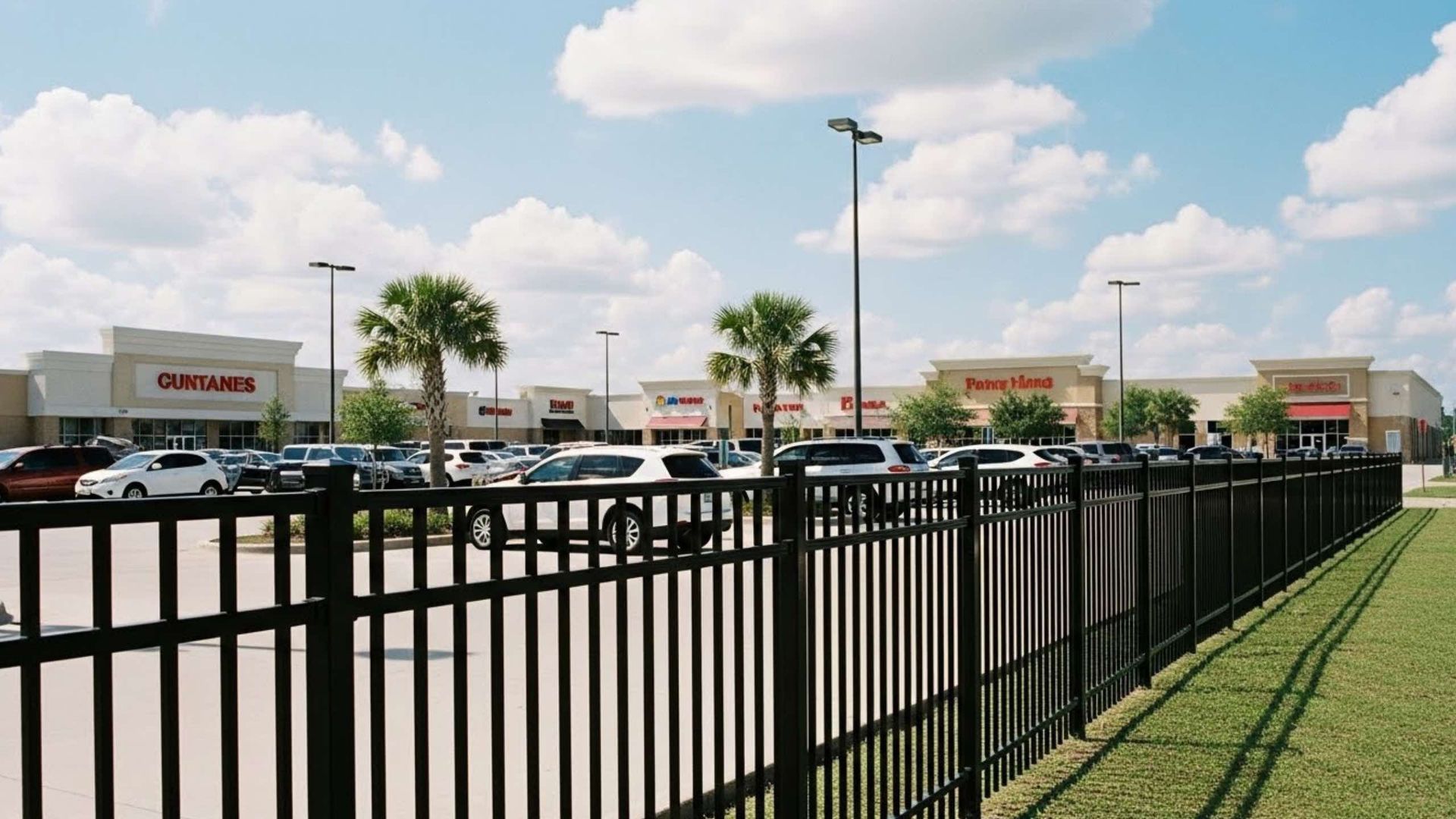 Black metal fence in front of a shopping center with various stores, parked cars, and palm trees under a blue sky.