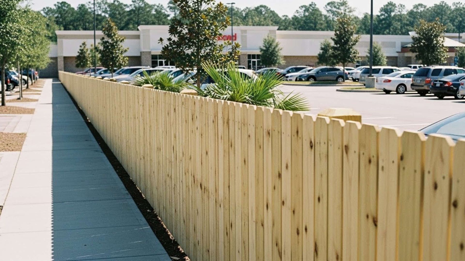 Wooden fence along a sidewalk, separating it from a parking lot with parked cars and a shopping center.