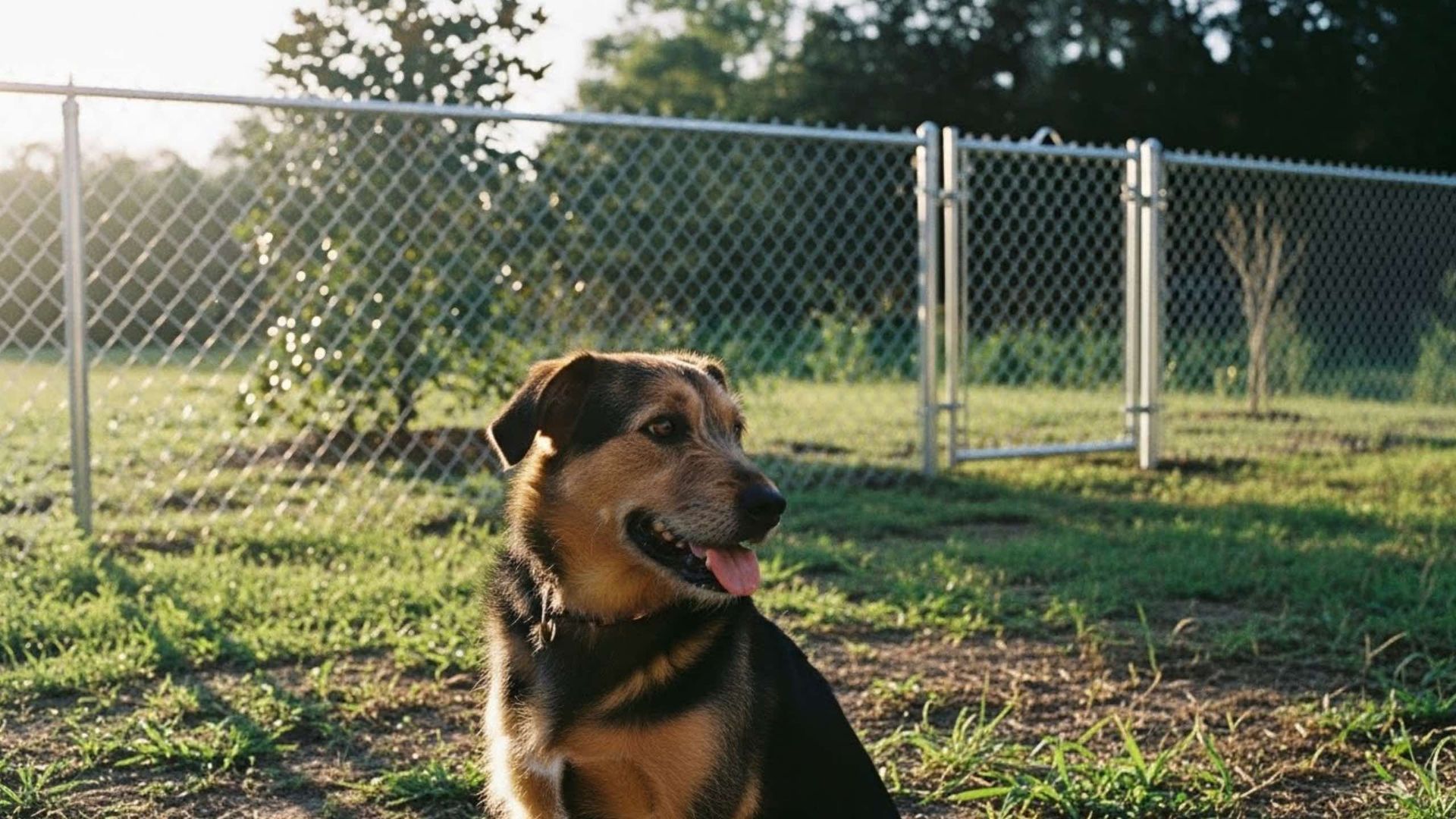 Dog sitting in a grassy area, tongue out, with a chain-link fence and trees in the background.