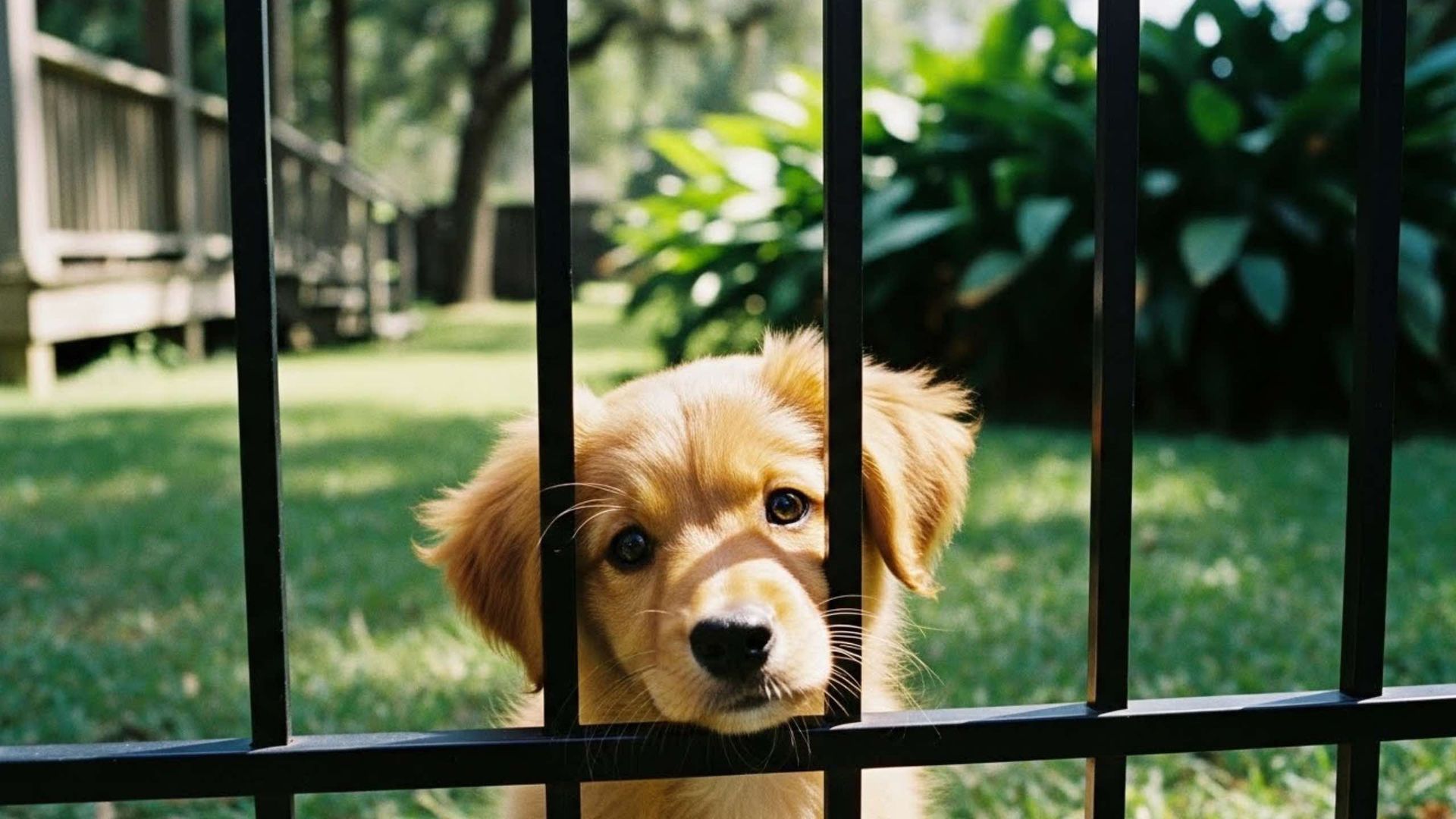 A light-brown puppy looking through a black iron fence in a grassy yard.