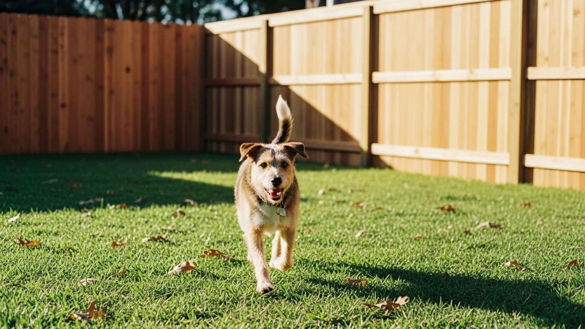 A tan and brown mixed-breed dog with its mouth open trotting across a grassy backyard toward a wooden fence.