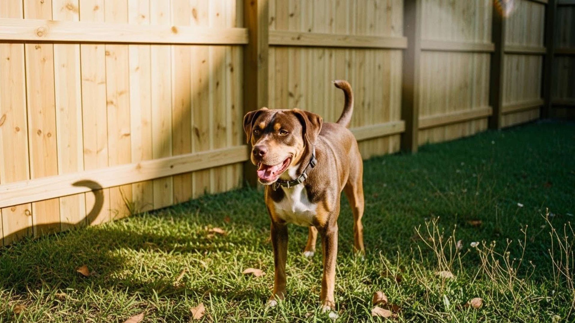 Dog with brown and white fur standing in a grassy yard, in front of a wooden fence.