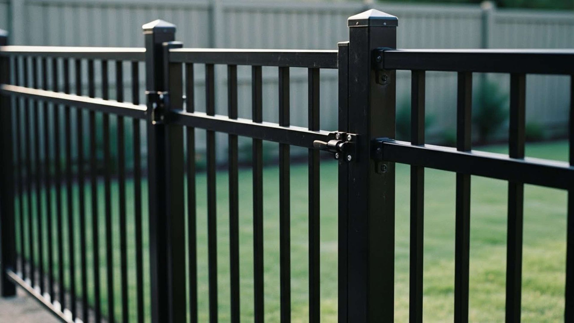 Black aluminum fence sections installed with vertical pickets and matching square posts in a backyard.