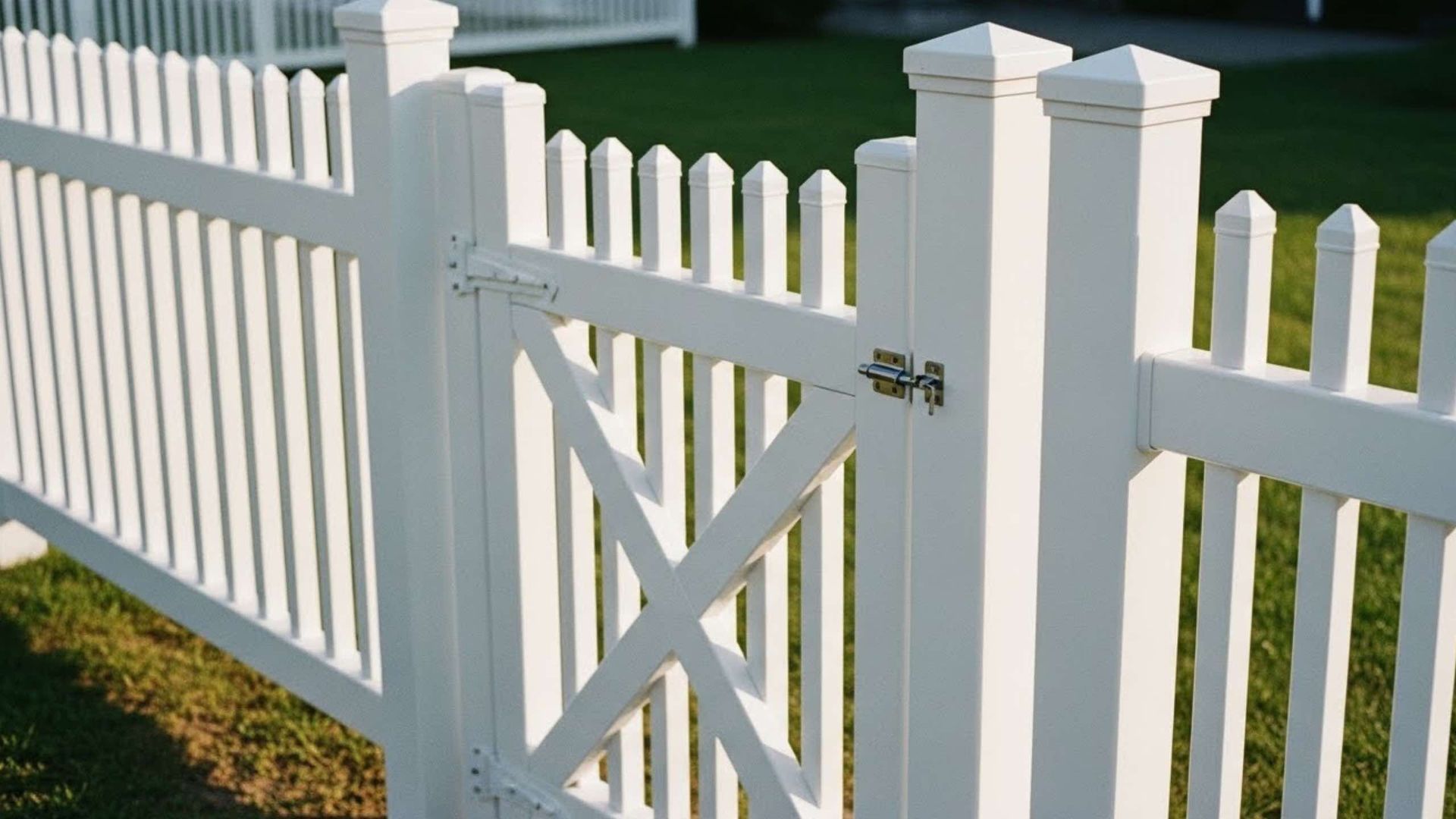 White vinyl picket fence with a gate featuring a cross-brace design in a grassy yard.