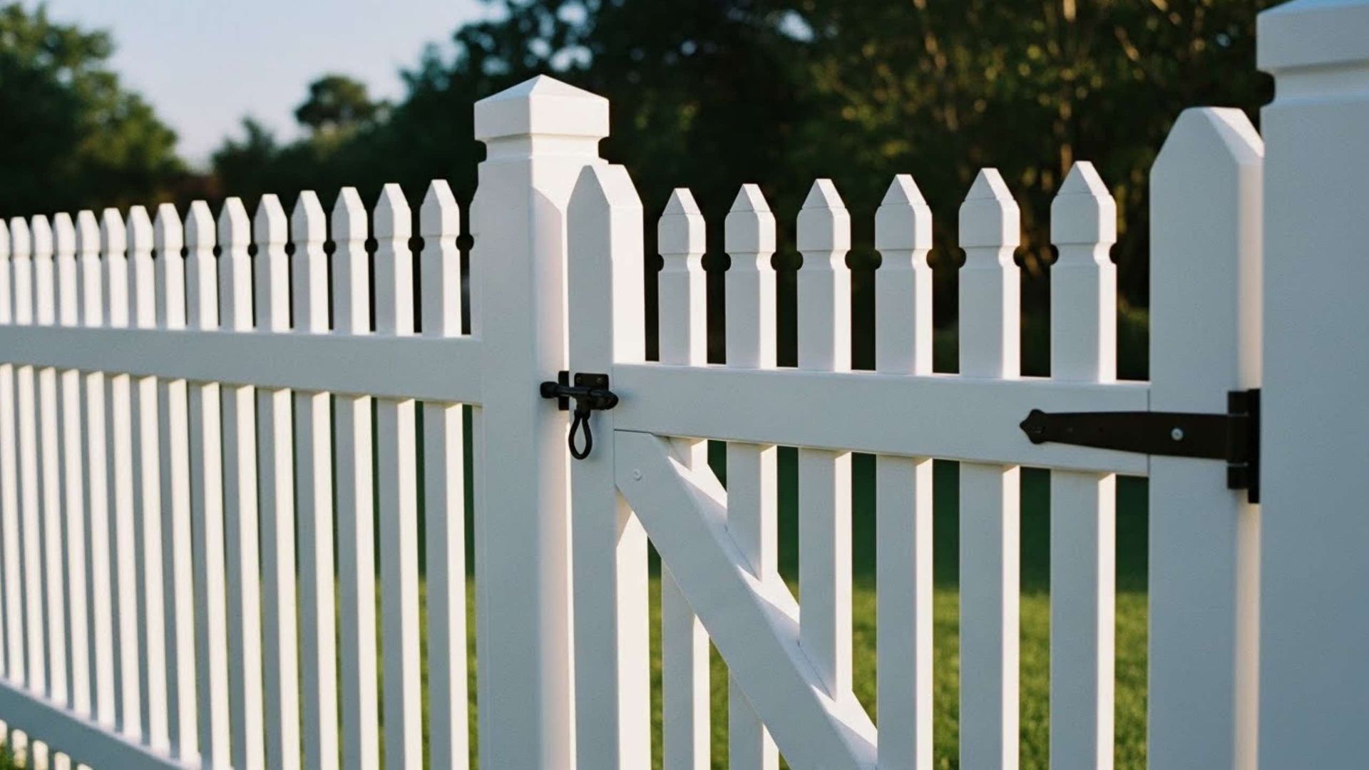 White picket fence with gate, grassy yard, trees in background.
