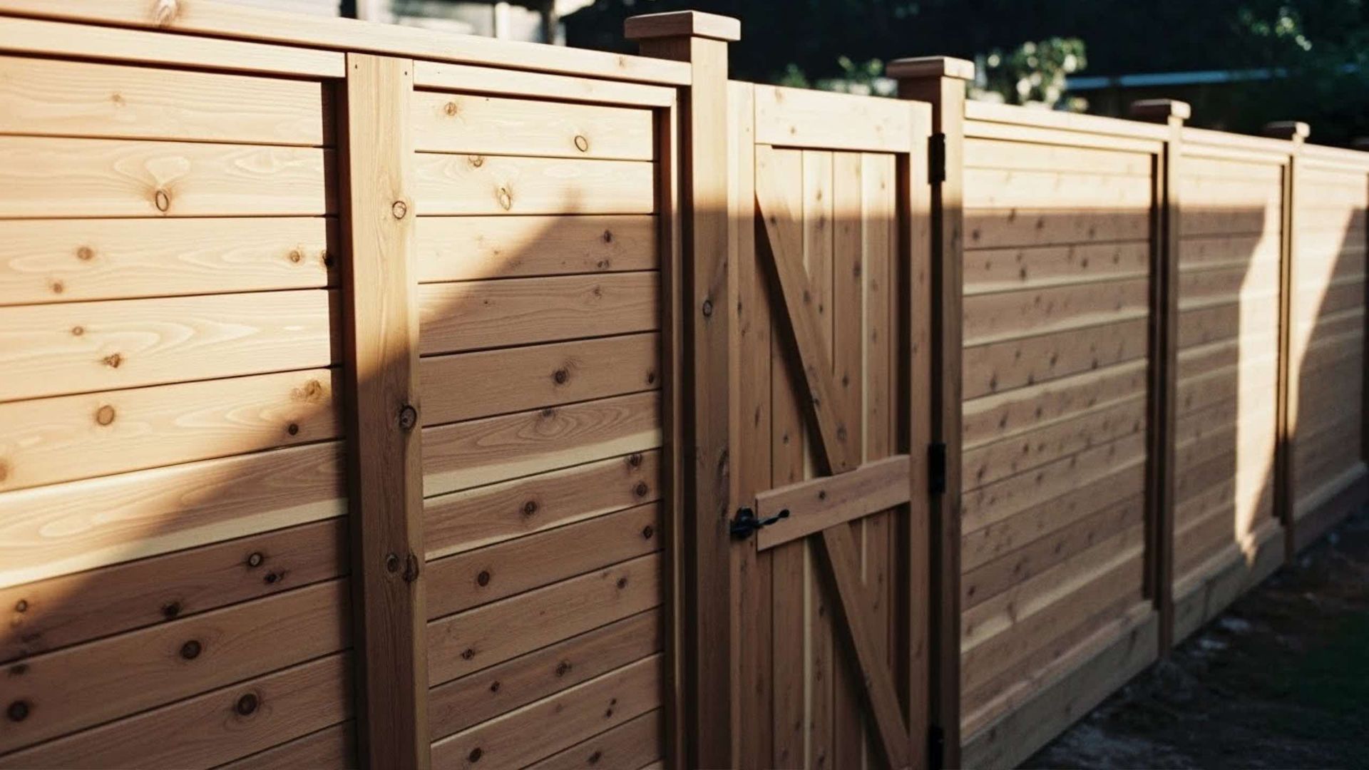 Wooden fence with a gate, horizontal planks.