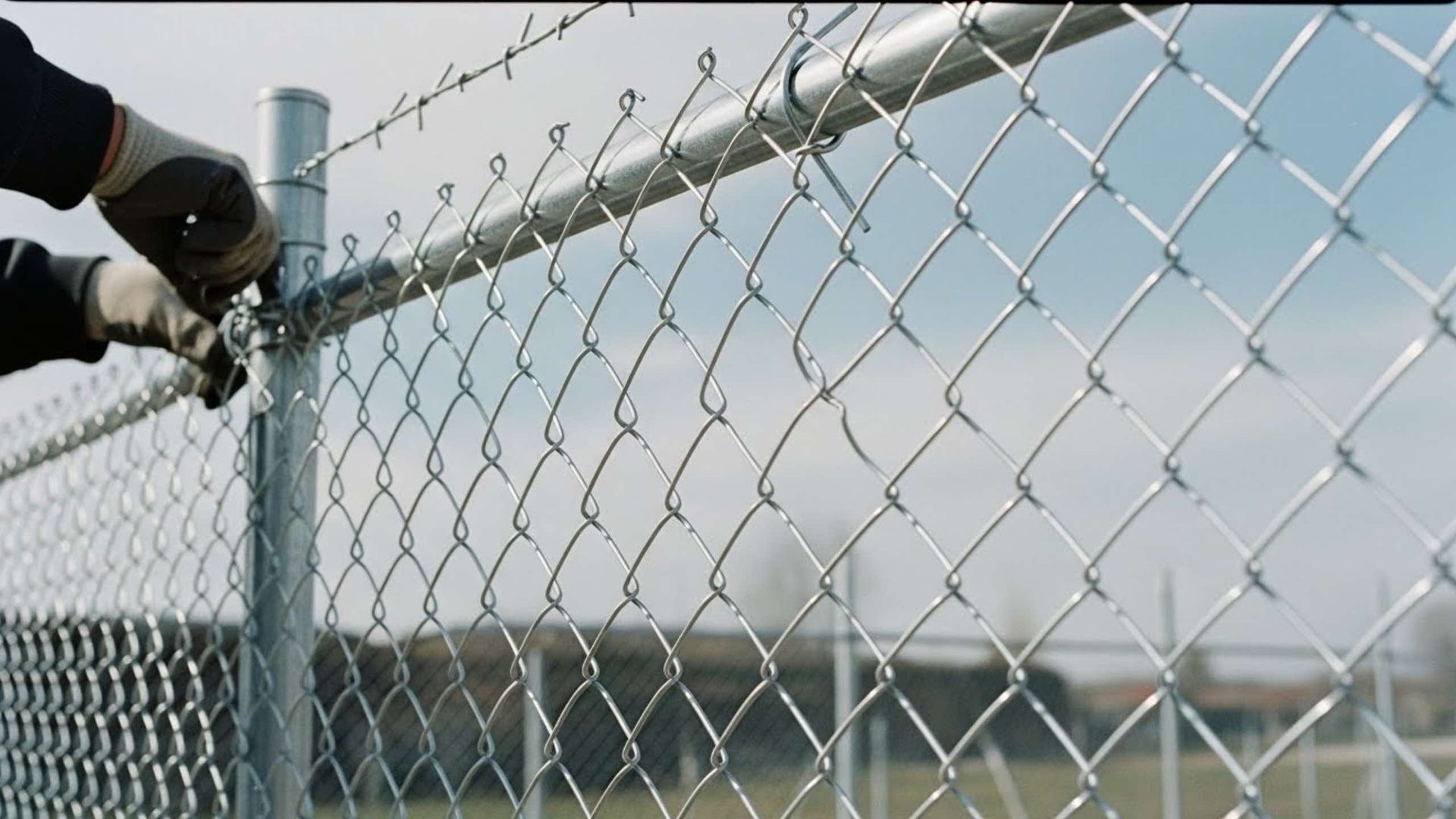 Person in gloves attaching chain-link fence to post with wire.