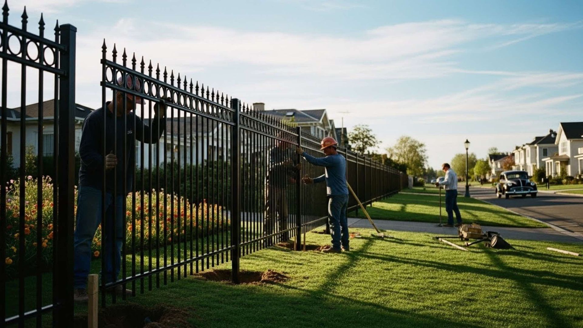 Workers installing black iron fence along a suburban street on a sunny day.