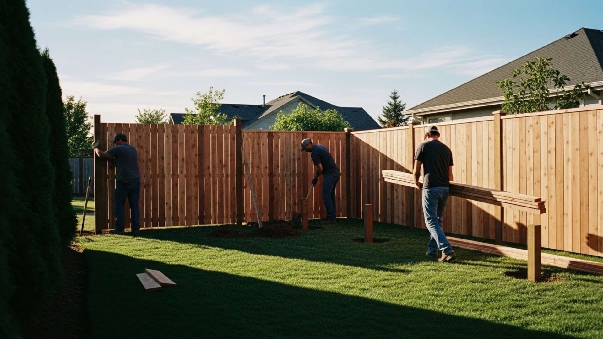 Men constructing a wooden fence in a sunny backyard with green grass.