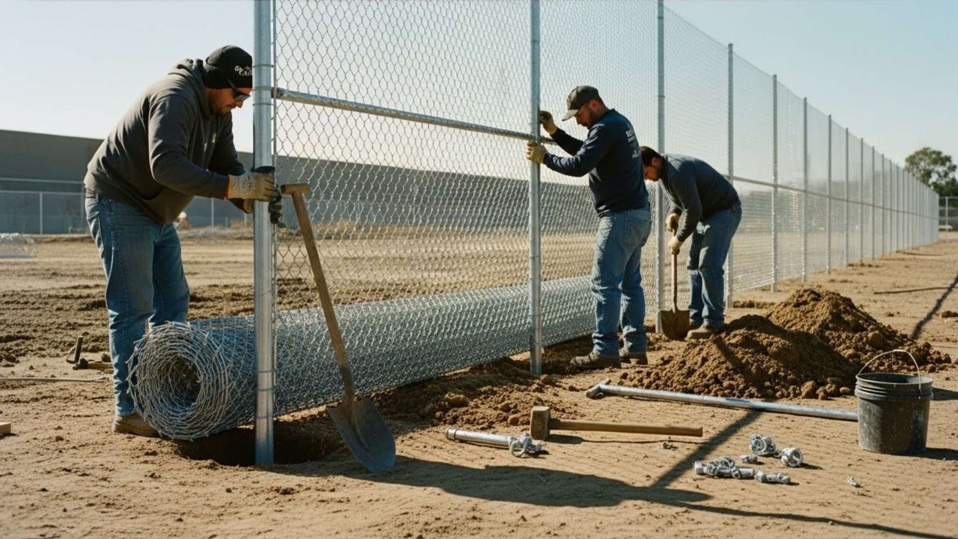 Three workers install a chain-link fence on a dirt field. One unrolls wire, others use shovels and tools.